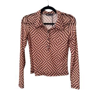 ZARA Patterned Mesh Blouse Brown‎ Small